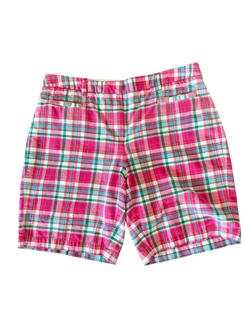 Lands' End Bermuda Chino Shorts Womens Sz 14 Fit 2 Pink Green Plaid Golf Preppy